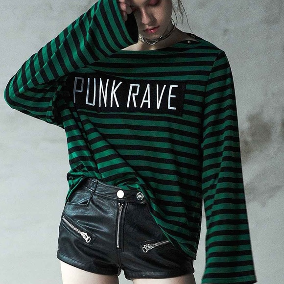 Punk Rave Green/Black Striped Long Sleeve Tee. Embroidered Brand. Large - Picture 1 of 9